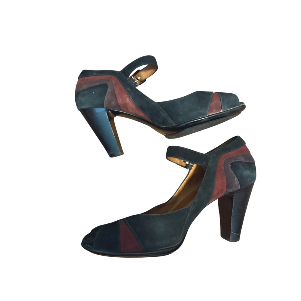 Sofft Heels Mary Jane Peep Toe Colorblock Black Burgundy Suede Stacked Heel 8.5